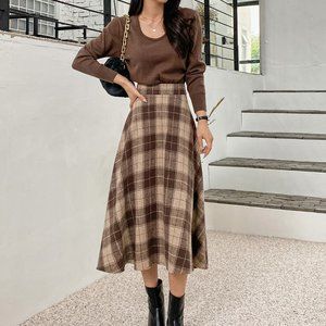 New High Waist Plaid A-line Skirt Brown